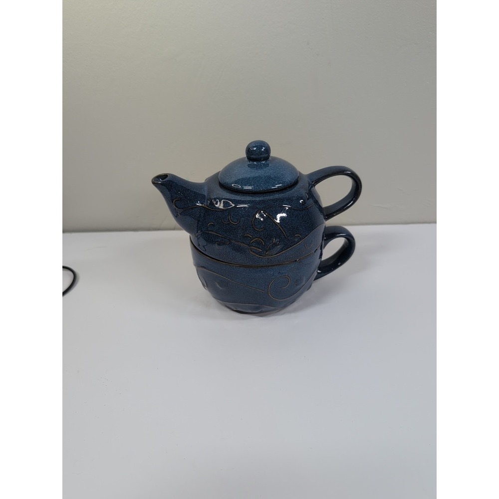 Pier 1 Teapot‎ With Lid & Mug Stoneware Indigo Blue Embossed